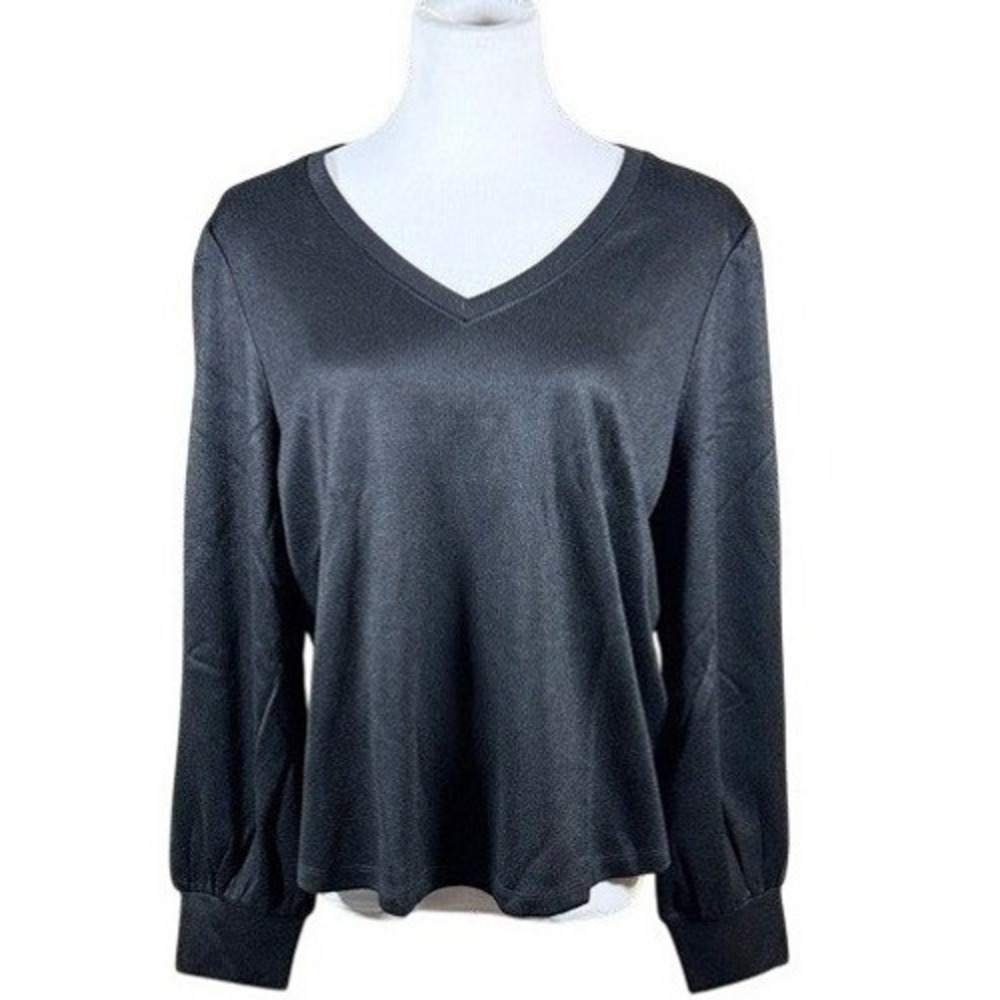 Fever Top Women XL Black V-Neck Puff Sleeve Textured NEW